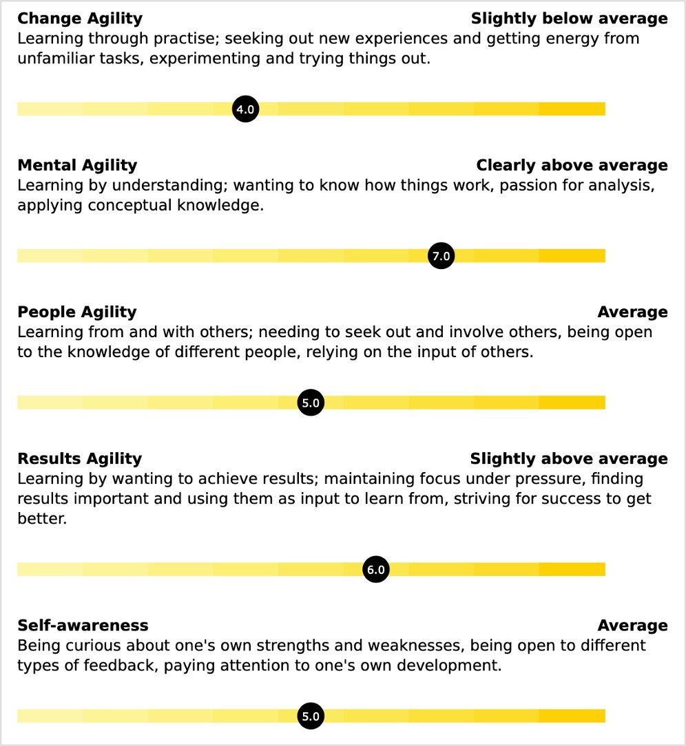 Results from a learning agility assessment showing change - mental - people - results and self-awareness of a candidate